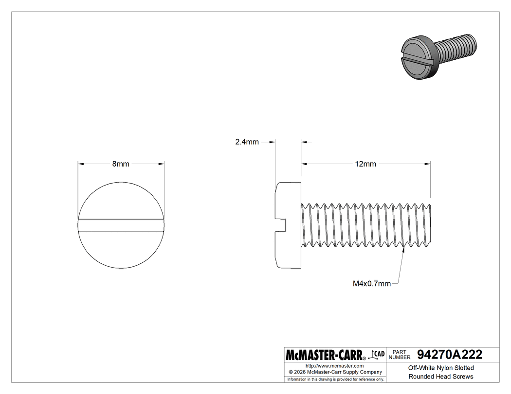 Technical Drawing of Nylon Pan Head Slotted Screws, M4 x 0.70 mm Thread, 12mm Long.